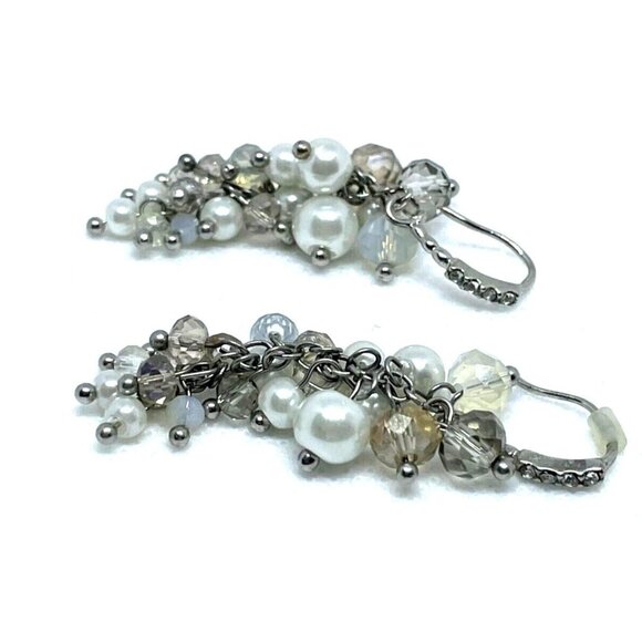 Faceted Crystal Beaded Faux Pearl Cluster Dangle Earring Silver Tone - Picture 1 of 4